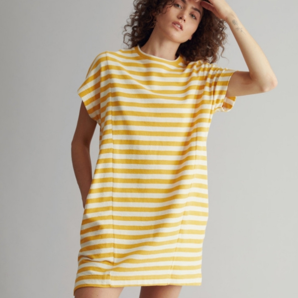 KOMODO Organic Cotton Yasuko Yellow Striped Tee Pullover Mini Dress XS / Small